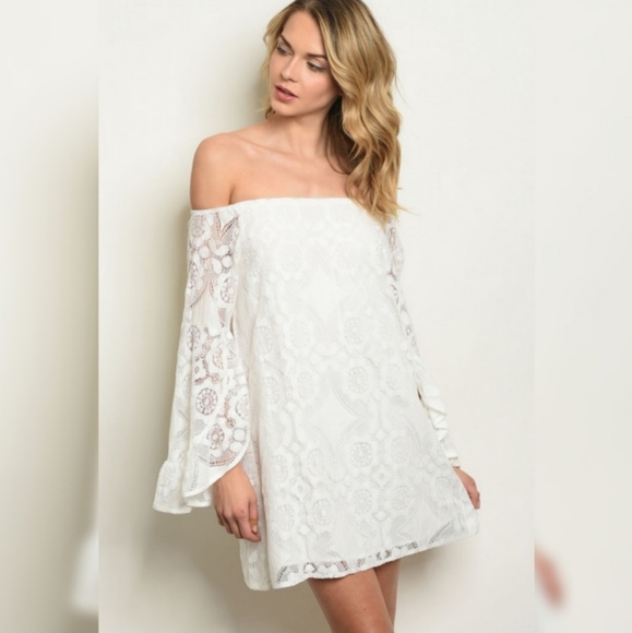 New Ivory Off Shoulder Bell Sleeve Dress - Picture 2 of 7